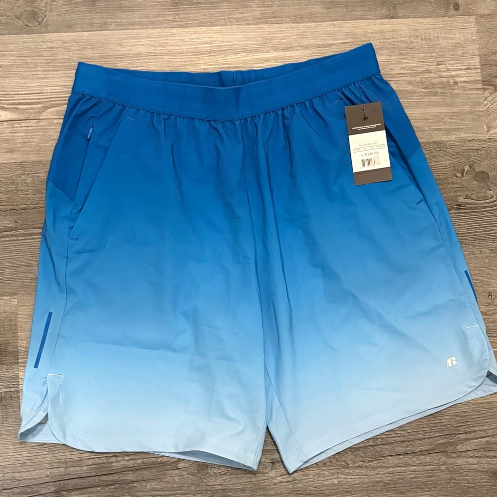 Russell Athletic Blue Ombre Performance Shorts.
Men Large (36-38). NWT